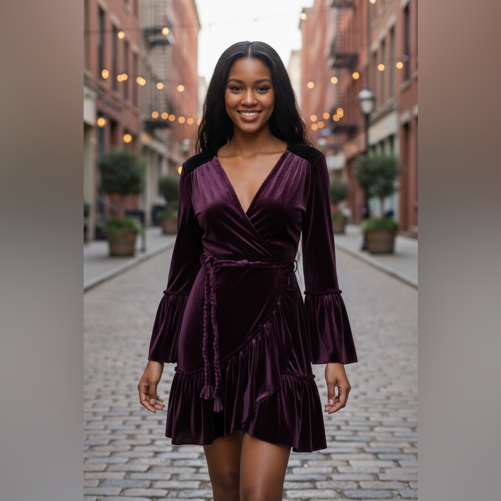 MISA LOS ANGELES Velvet Wrap Dress in Deep Burgundy